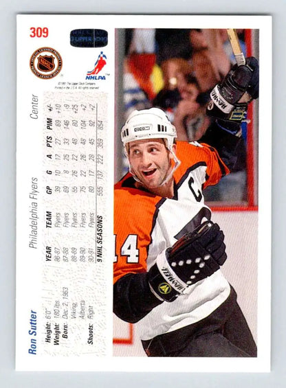 Hockey card of Ron Sutter in orange jersey from Upper Deck 1991-92 series