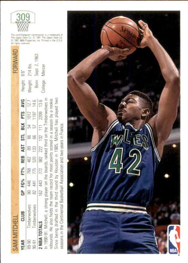 Sam Mitchell in blue jersey 42 shooting during a game on Upper Deck basketball card