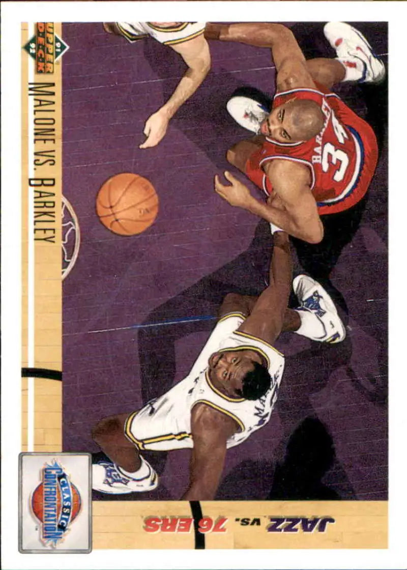Basketball card featuring Karl Malone and Charles Barkley from Utah Jazz vs Philadelphia 76ers