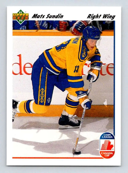 Hockey player Mats Sundin in yellow and blue uniform on ice for Quebec Nordiques hockey card