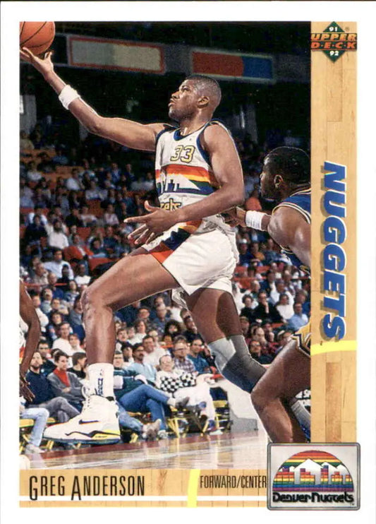 Greg Anderson soaring in a white Denver Nuggets uniform for a basketball card