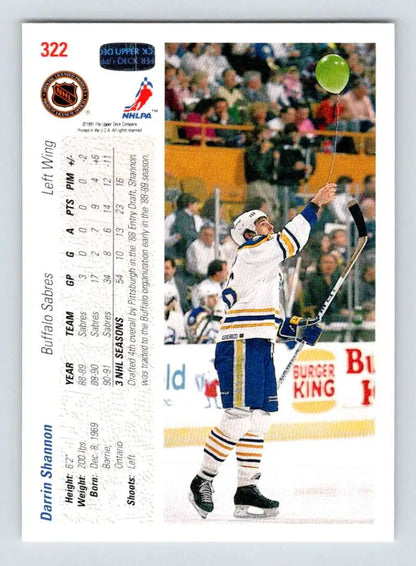 Darrin Shannon celebrates in yellow and blue uniform on 1991-92 Upper Deck Hockey Card
