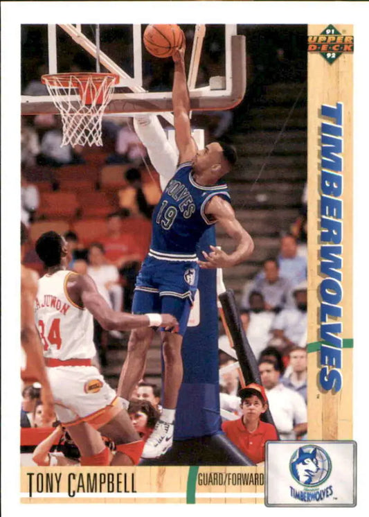 Tony Campbell basketball card in blue Minnesota Timberwolves uniform shooting a basket