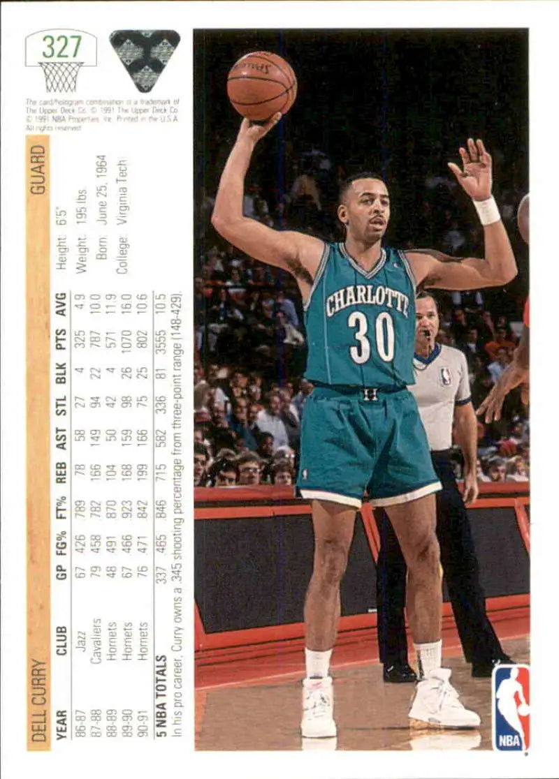 Dell Curry wearing a teal Charlotte Hornets jersey holding a basketball