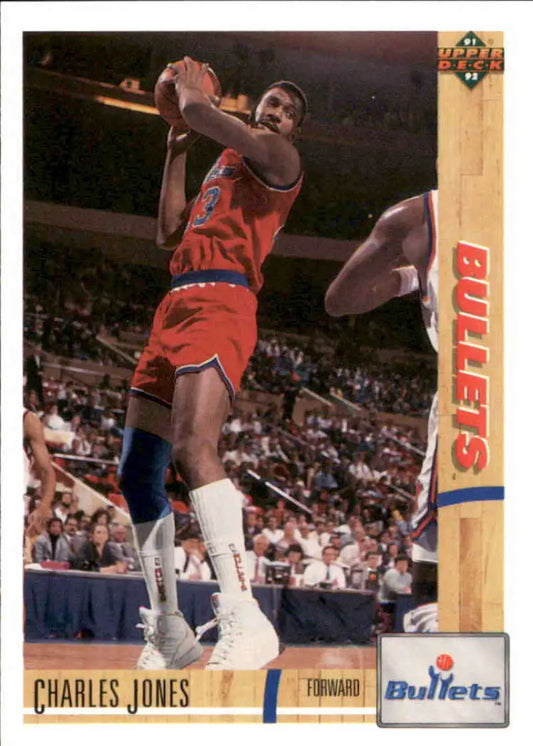 Basketball card of Charles Jones in red jersey for Washington Bullets shooting