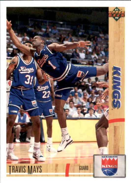 Basketball player in Sacramento Kings uniform leaping, Travis Mays Upper Deck card image