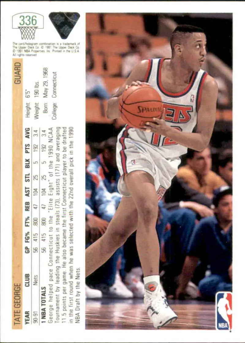 Basketball card of Tate George dribbling in a white jersey Nets uniform
