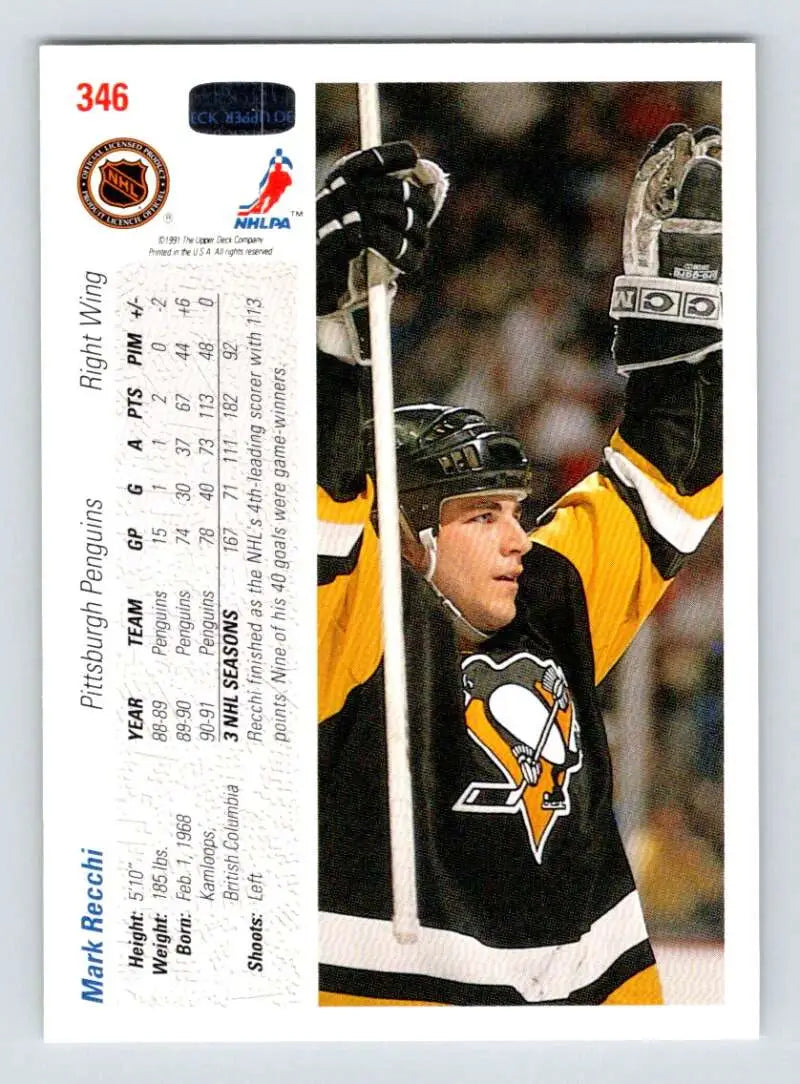 Hockey trading card of Mark Recchi in black and gold, 1991-92 Upper Deck design