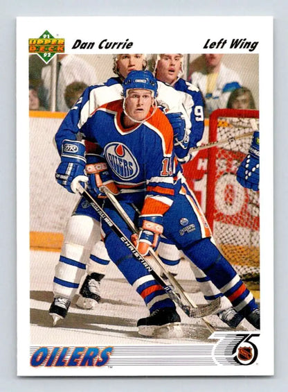 Hockey card of Dan Currie in Edmonton Oilers blue and orange uniform, rookie card