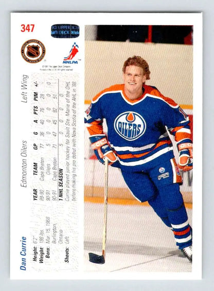 Hockey player in Edmonton Oilers jersey featured on Dan Currie rookie hockey card