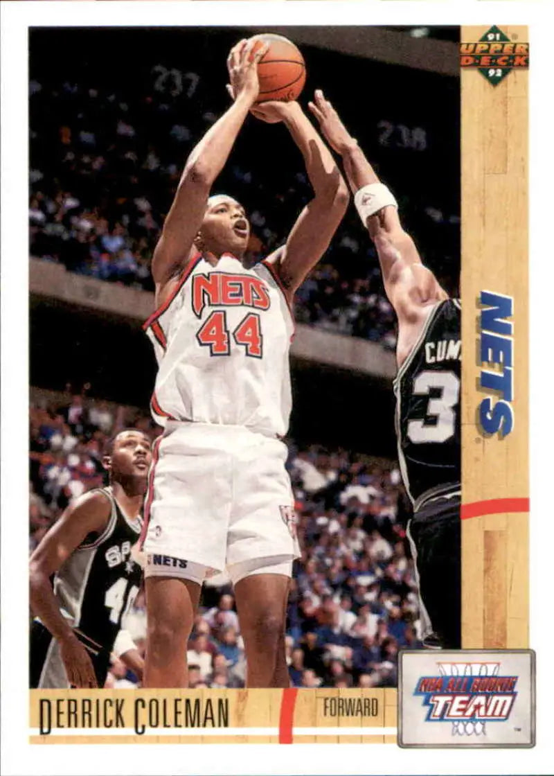 Derrick Coleman in white Jersey Nets jersey taking a jump shot on basketball card