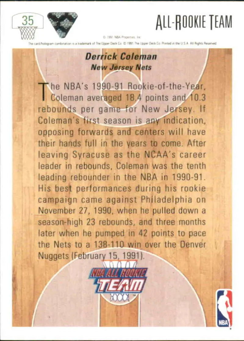 Basketball card featuring Derrick Coleman rookie season stats for New Jersey Nets