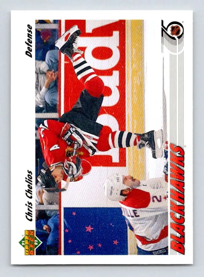 Chris Chelios Chicago Blackhawks hockey card featuring a player in a red uniform diving