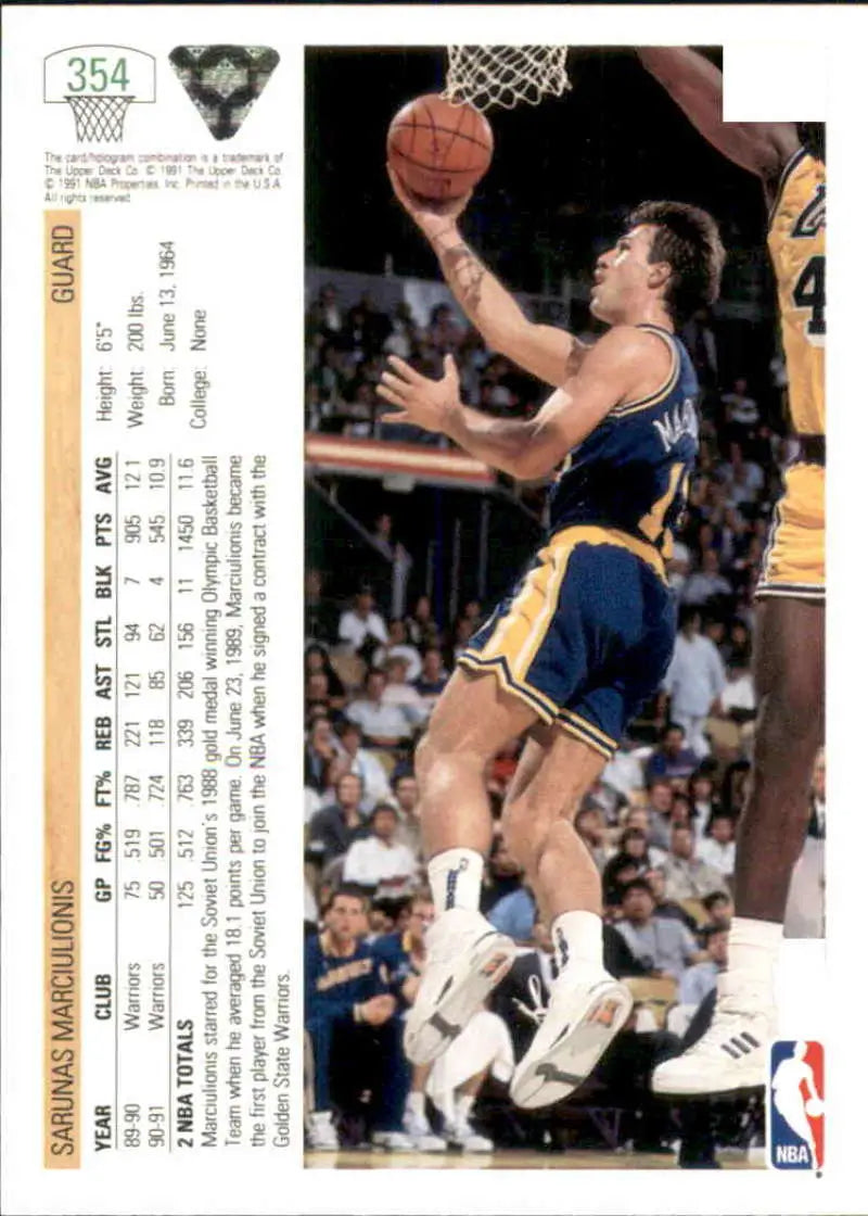 Basketball player in navy and yellow uniform lays up for Golden State Warriors card