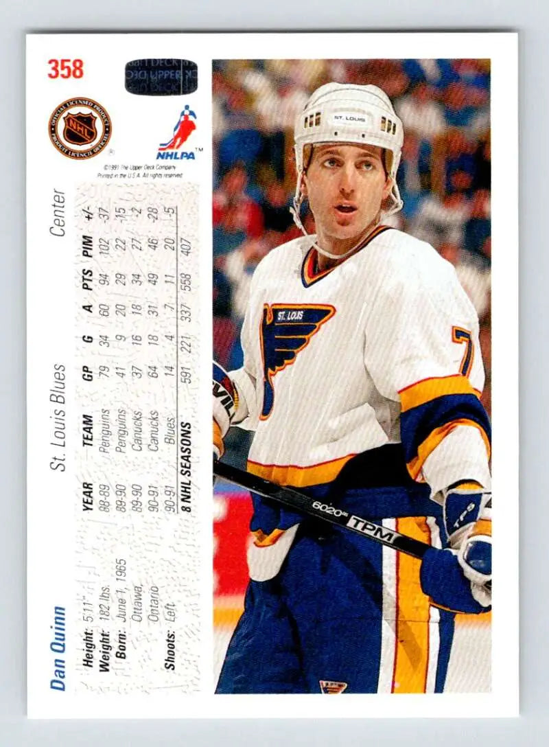 Hockey card of Dan Quinn in St. Louis Blues uniform from Upper Deck 1991-92 set