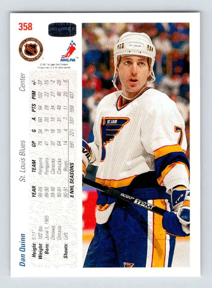 Hockey card of Dan Quinn in St. Louis Blues uniform from Upper Deck 1991-92 set
