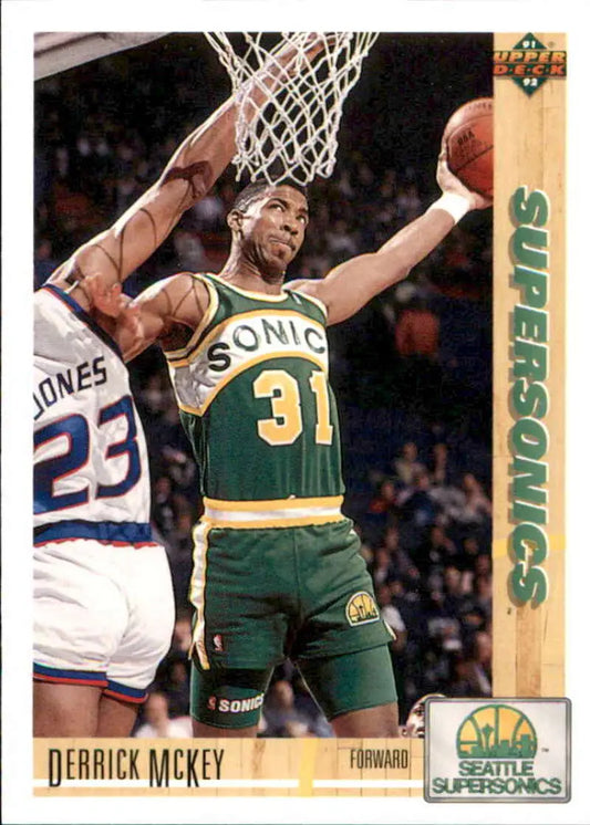 Derrick McKey shooting against a defender on a 1991-92 Upper Deck Seattle SuperSonics card