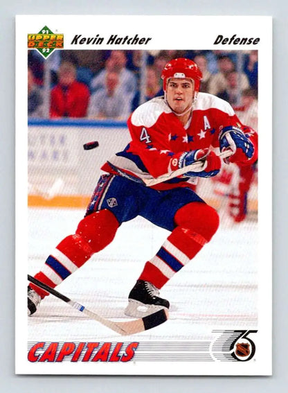 Kevin Hatcher skating in red Washington Capitals jersey featured on Upper Deck hockey card