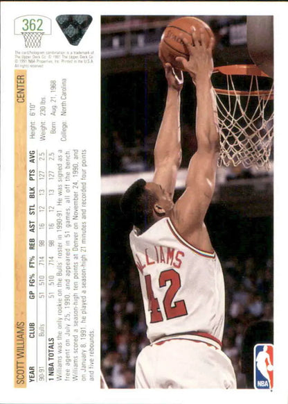 Basketball card featuring Scott Williams dunking for the Chicago Bulls in 1991-92