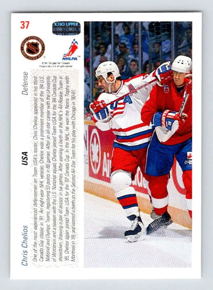 Hockey trading card featuring Chris Chelios in action for Chicago Blackhawks Upper Deck