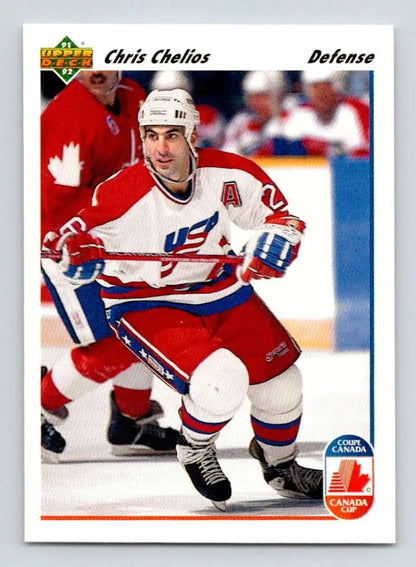 Chris Chelios in red, white, and blue jersey #24 on Chicago Blackhawks Upper Deck card