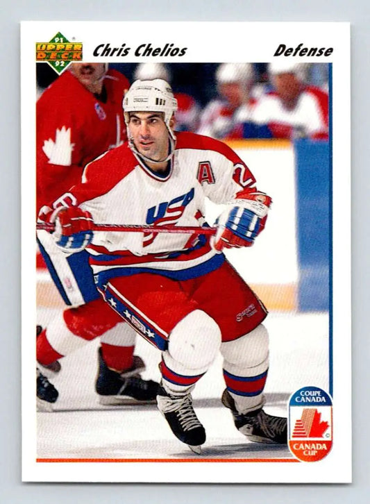 Chris Chelios in red, white, and blue jersey #24 on Chicago Blackhawks Upper Deck card