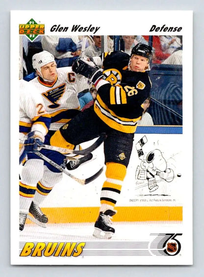 Hockey card of Glen Wesley with Boston Bruins players in action on the ice