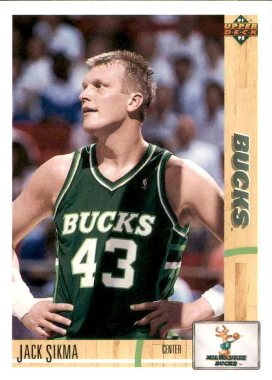 Basketball player in green Milwaukee Bucks jersey number 43, featuring Jack Sikma