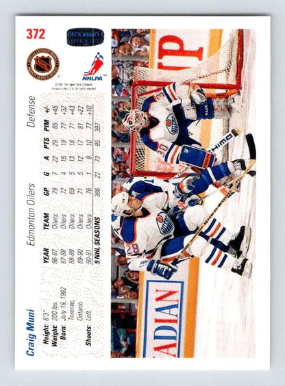 Hockey card of Edmonton Oilers celebrating with Craig Muni, 1991-92 Upper Deck #372