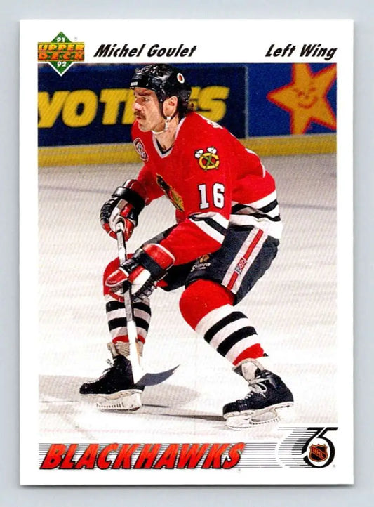 Hockey player in red Chicago Blackhawks jersey number 16, Michel Goulet hockey card