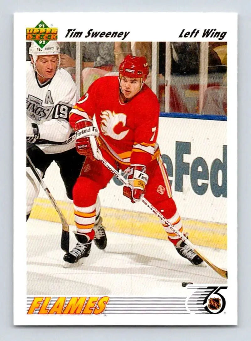 Hockey trading card of Tim Sweeney with Calgary Flames vs Los Angeles Kings action