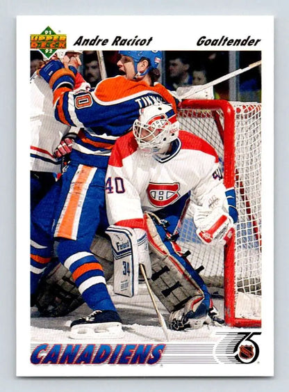 Montreal Canadiens goalie Andre Racicot saves puck on 1991-92 Upper Deck trading card