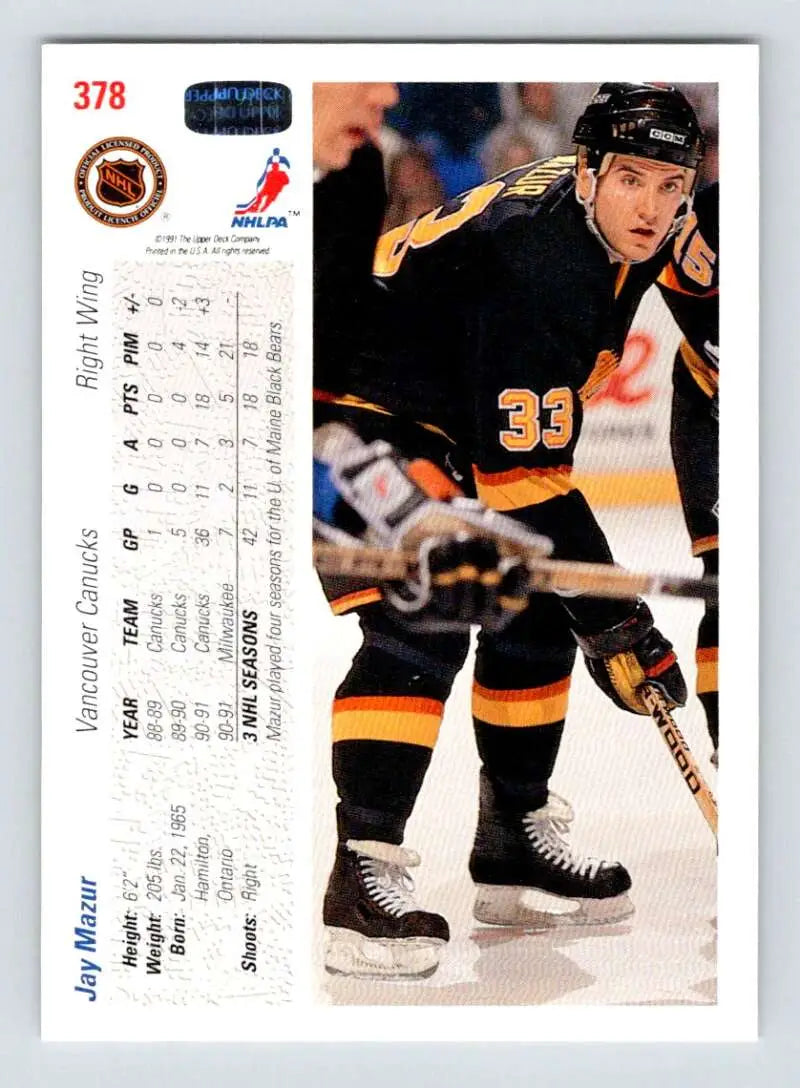Hockey trading card of Jay Mazur in Vancouver Canucks uniform, 1991-92 Upper Deck #378