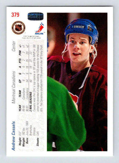 Hockey trading card of Andrew Cassels in blue helmet and burgundy jersey by Upper Deck