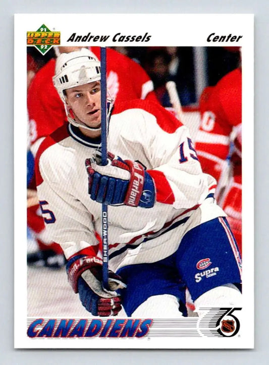 Andrew Cassels in a Montreal Canadiens jersey holding a stick on a hockey card