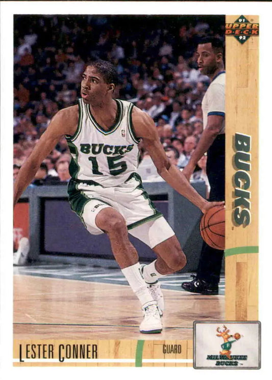 Basketball player in Milwaukee Bucks jersey dribbling the ball for Lester Conner card