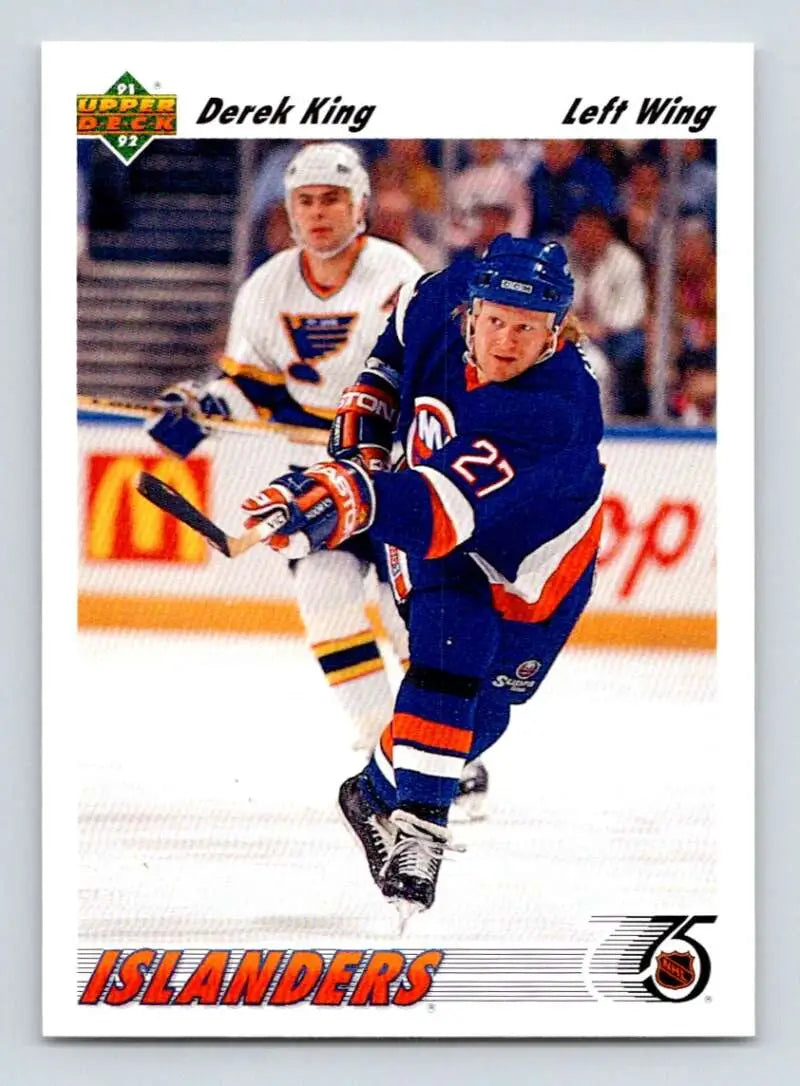 Hockey card of Derek King in a blue New York Islanders jersey taking a shot
