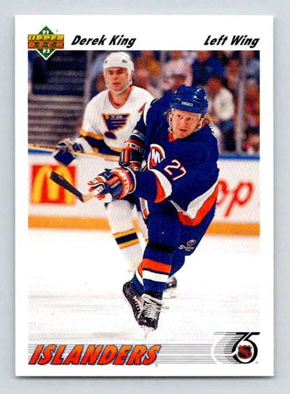 Hockey card of Derek King in a blue New York Islanders jersey taking a shot