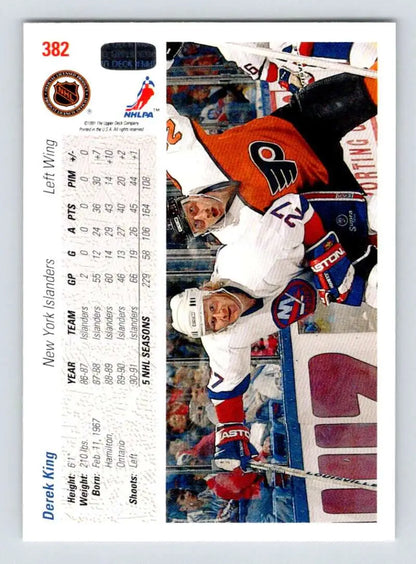 Hockey card featuring Derek King and gameplay between New York Rangers and Philadelphia Flyers