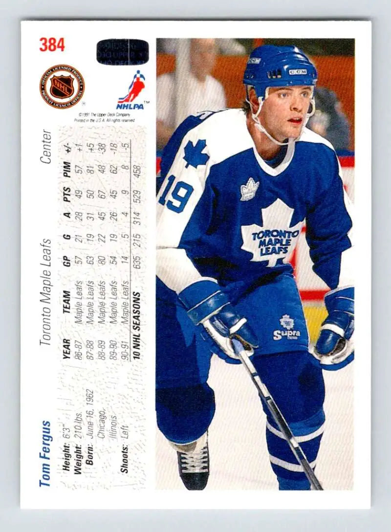 Hockey player in blue Toronto Maple Leafs jersey number 19 on Upper Deck Tom Fergus card