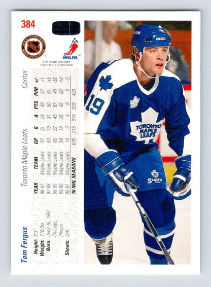 Hockey player in blue Toronto Maple Leafs jersey number 19 on Upper Deck Tom Fergus card
