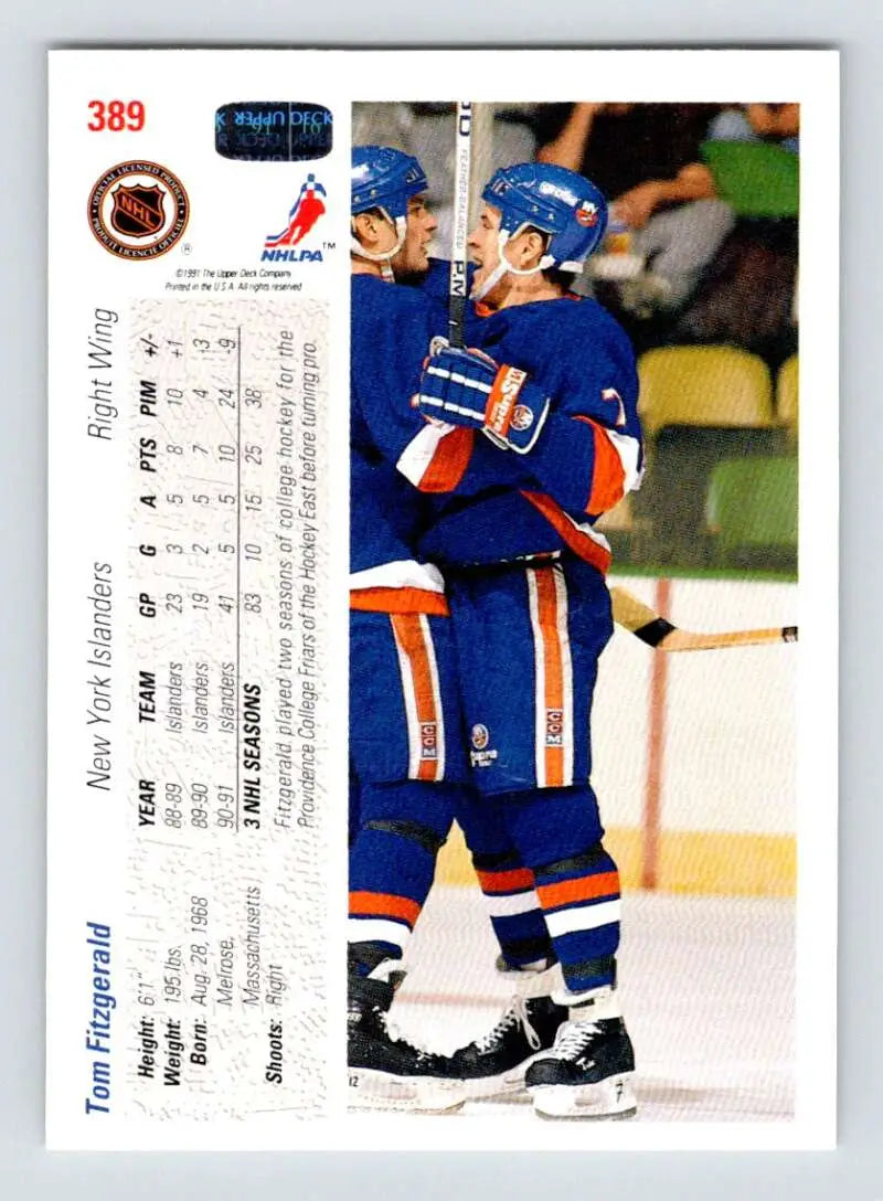 Tom Fitzgerald New York Islanders Hockey Card in blue and orange Upper Deck design