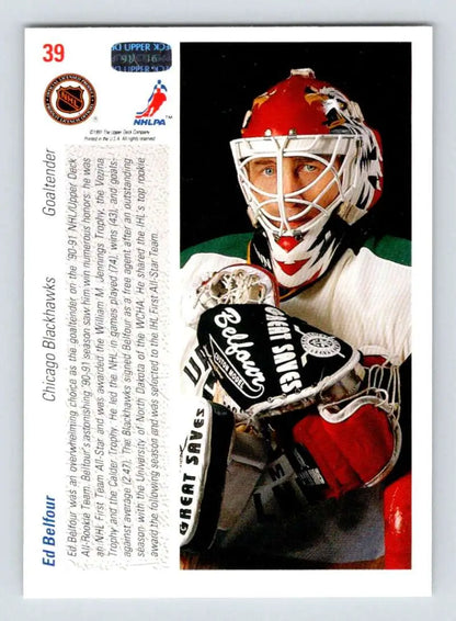 Hockey goalie in red and white mask representing Chicago Blackhawks team colors