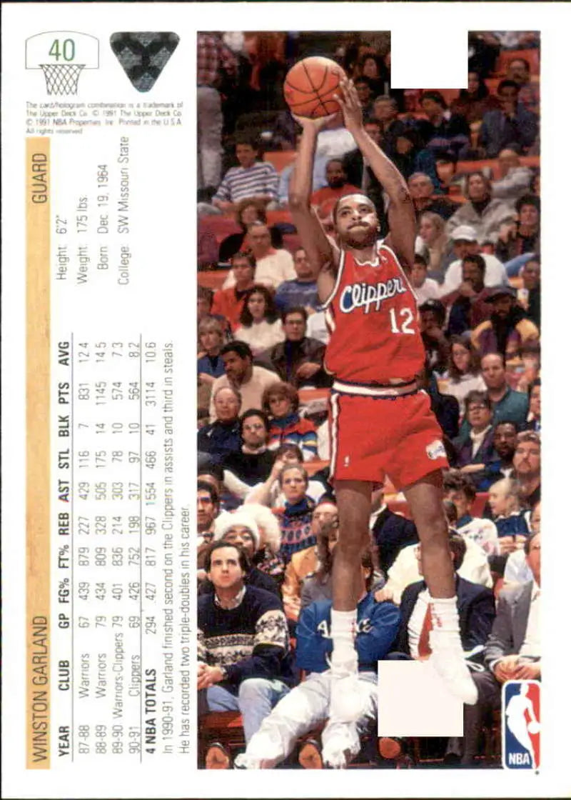 Winston Garland jump shot on 1991-92 Los Angeles Clippers basketball trading card