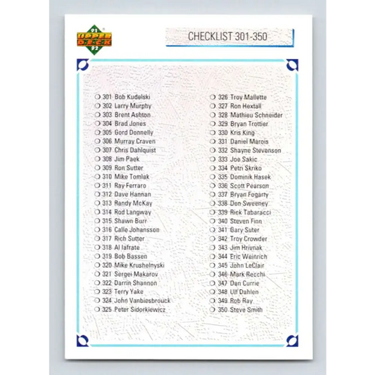1991-92 Upper Deck #400 Checklist 301-400 NM-MT Hockey Card
