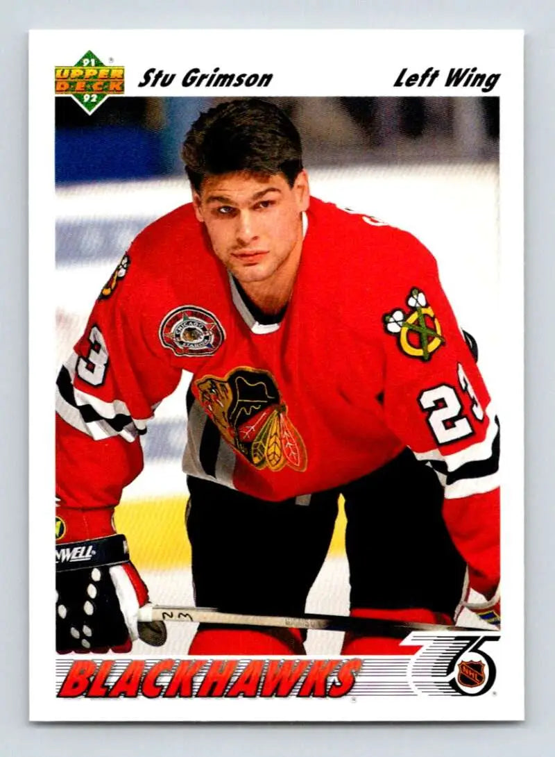 Hockey player in red Chicago Blackhawks jersey number 27 on Stu Grimson rookie hockey card