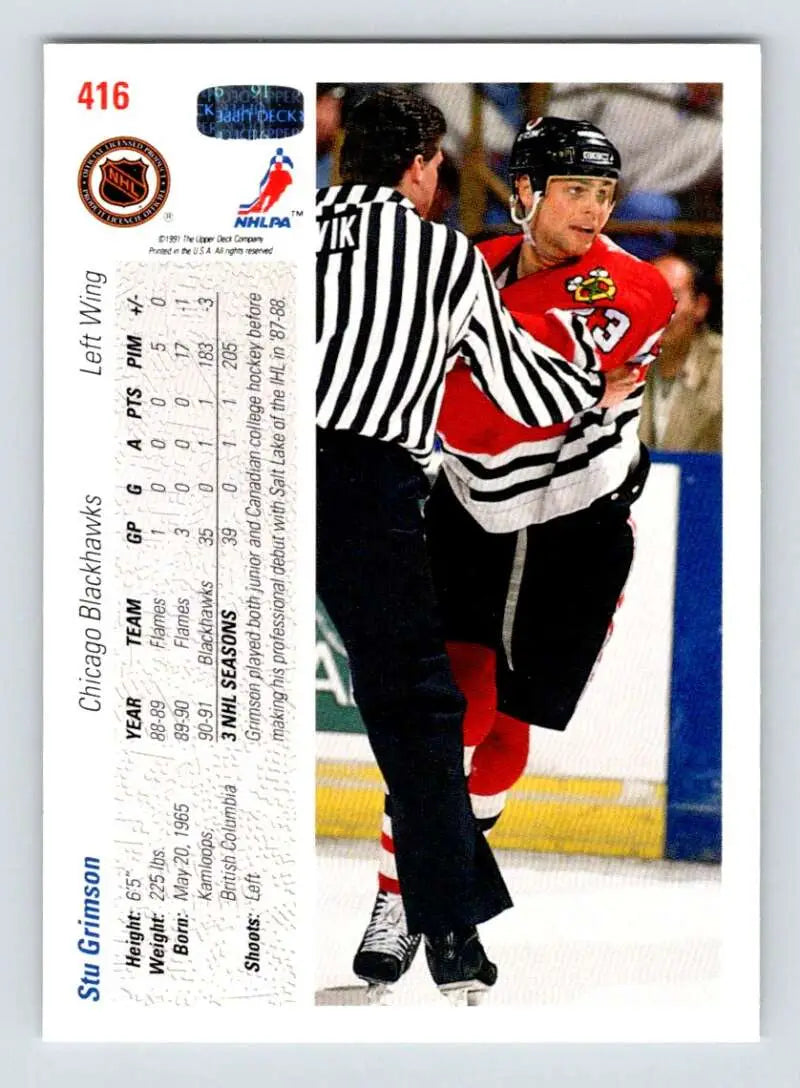 Hockey referee in stripes skating on ice near 1991-92 Upper Deck Stu Grimson Rookie Hockey Card