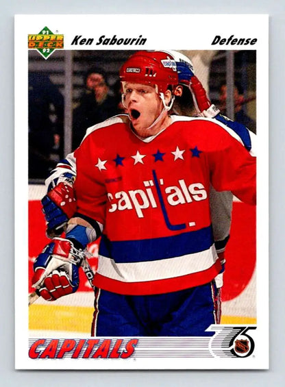 Hockey player in Washington Capitals jersey featured on Ken Sabourin hockey card