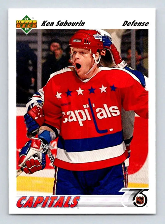 Hockey player in Washington Capitals jersey featured on Ken Sabourin hockey card