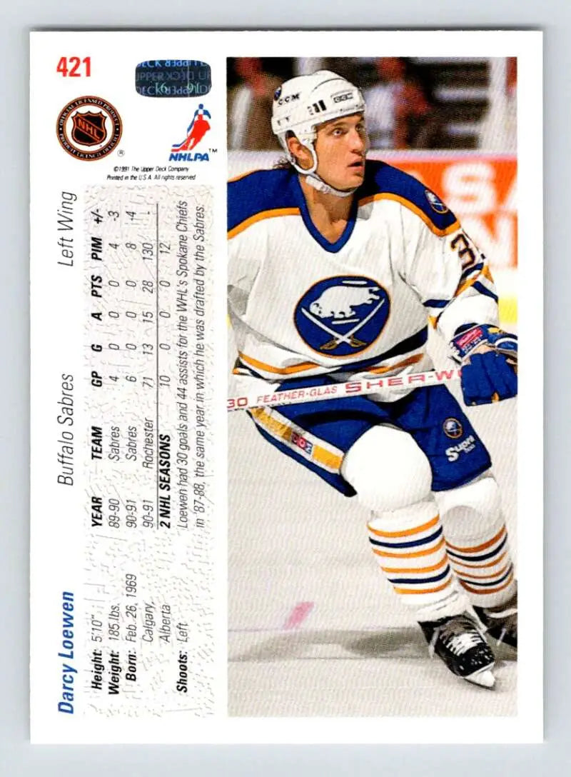 Hockey card of Darcy Loewen in Buffalo Sabres uniform from Upper Deck 1991-92 set